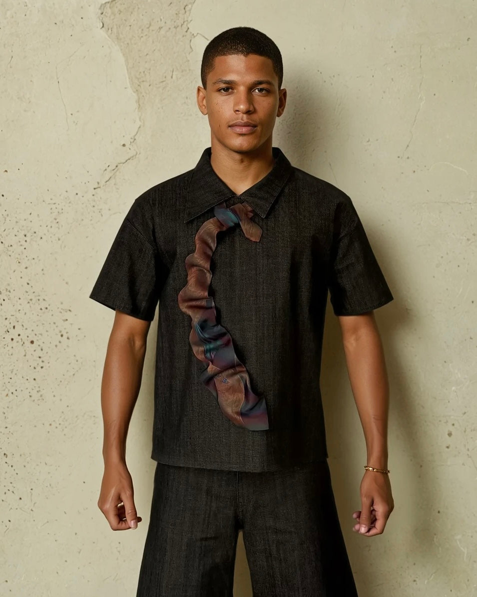 Asymmetric Denim Top with Upcycled Tie