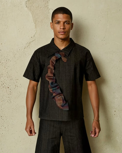 Asymmetric Denim Top with Upcycled Tie