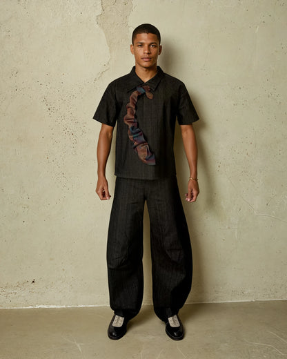 Asymmetric Denim Top with Upcycled Tie