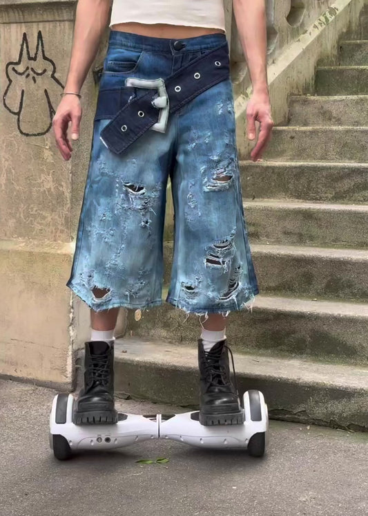 Distressed Denim Belt Shorts